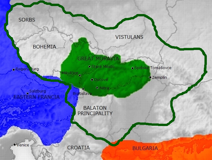 Europa centralna- IX wiek z wyznaczeniem prawdopodobnych granic Państwa Wielkomorawskiego